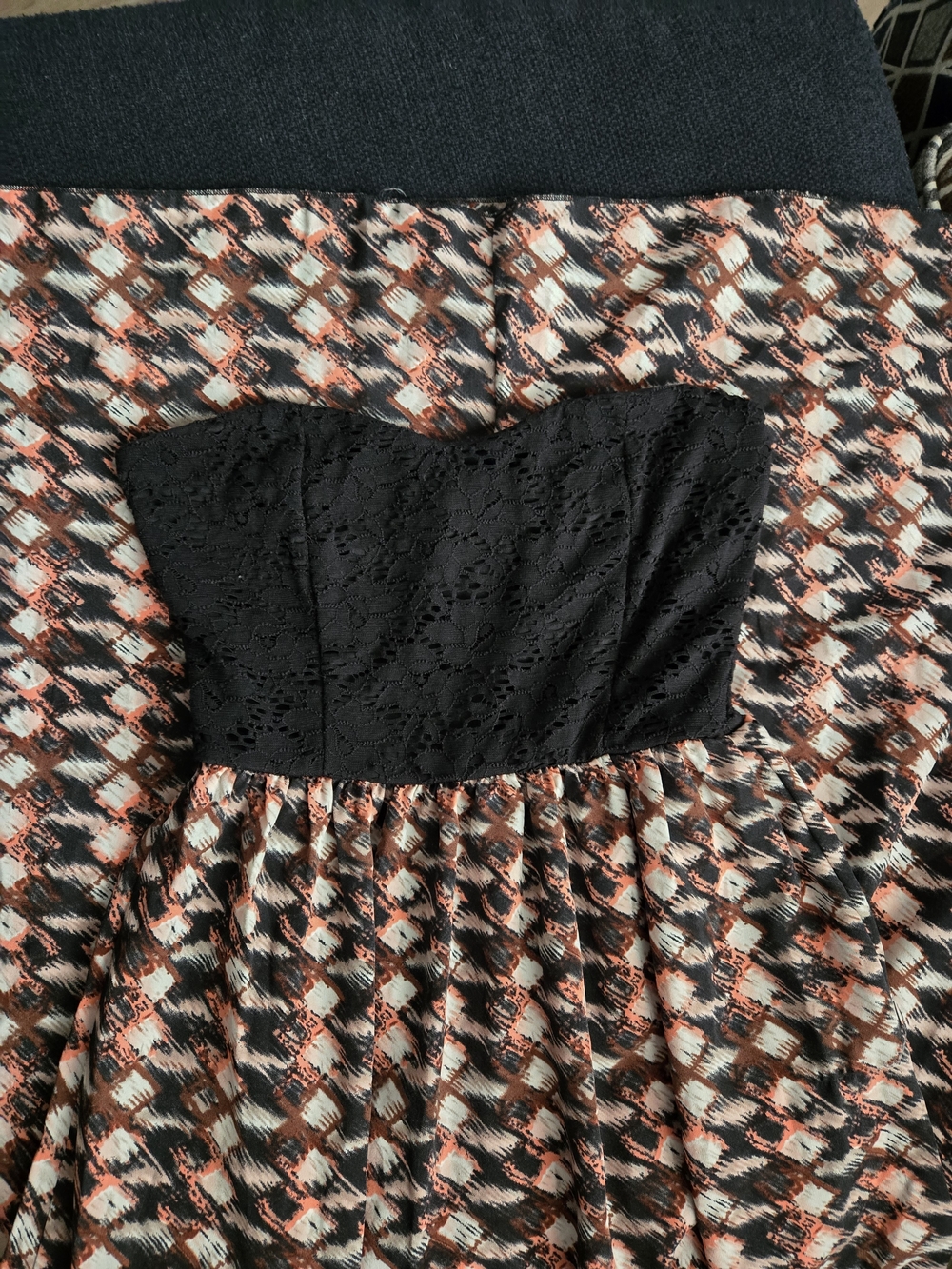 Strapless Black Lace Bodice Printed Skater Dress